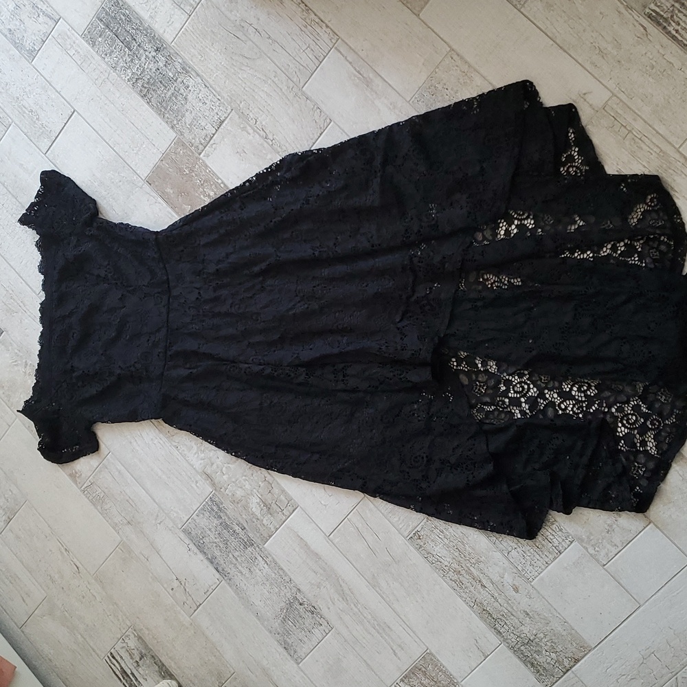 New Women's Small Black Lace Dress Off the Shoulder High Low Hem Stretch